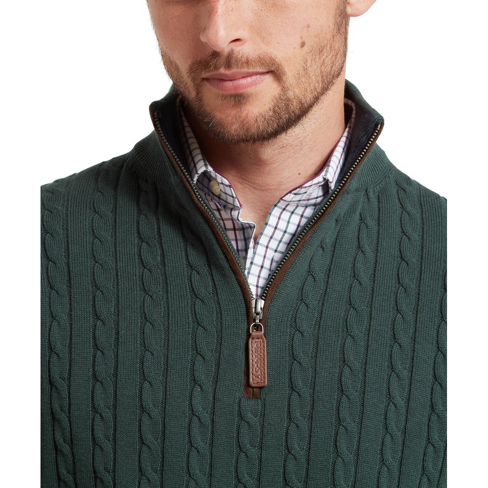 Calton Cotton Cashmere Cable 1/4 Zip Jumper Botanical Green