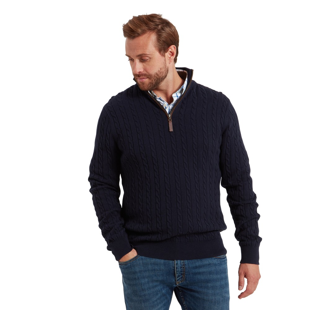 Calton Cotton Cashmere Cable 1/4 Zip Jumper Navy