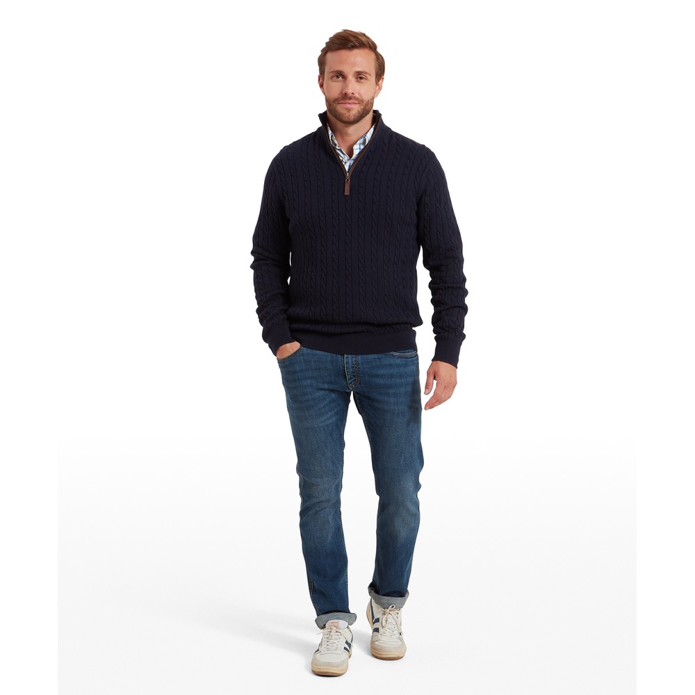 Calton Cotton Cashmere Cable 1/4 Zip Jumper Navy